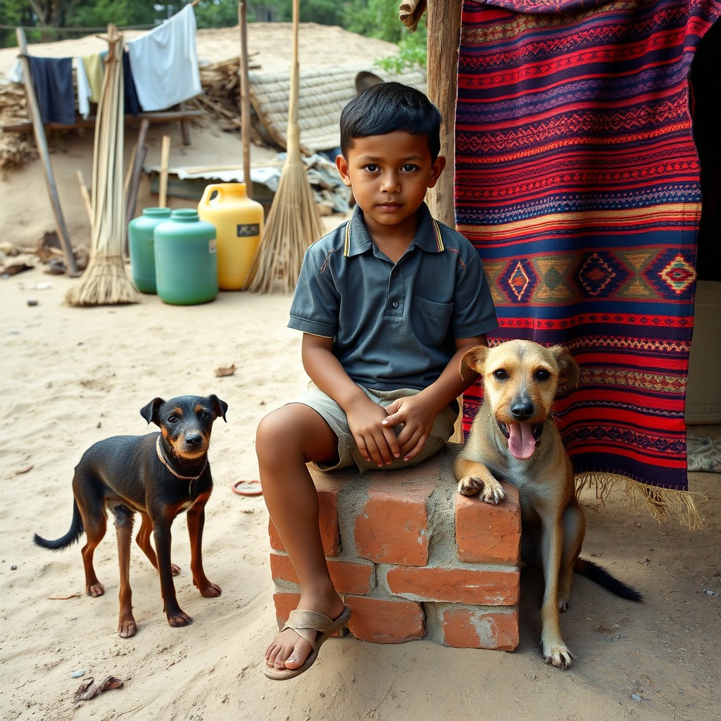 A young boy sitting on a brick, embodying the coastal and jungle motifs of Peru, specifically reflecting the culture of Pucallpa