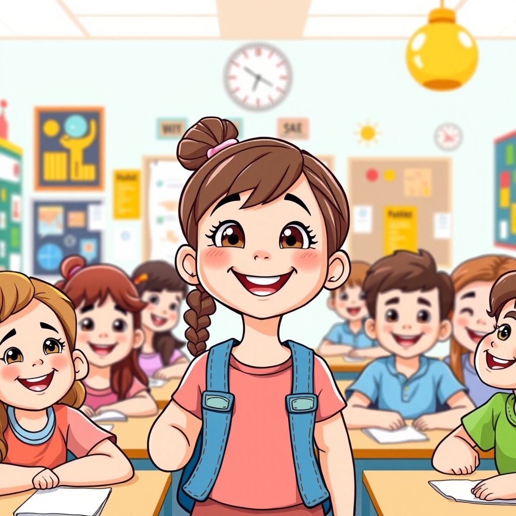A happy young girl in a cartoon style, confidently giving a presentation in a bright and lively classroom filled with supportive classmates
