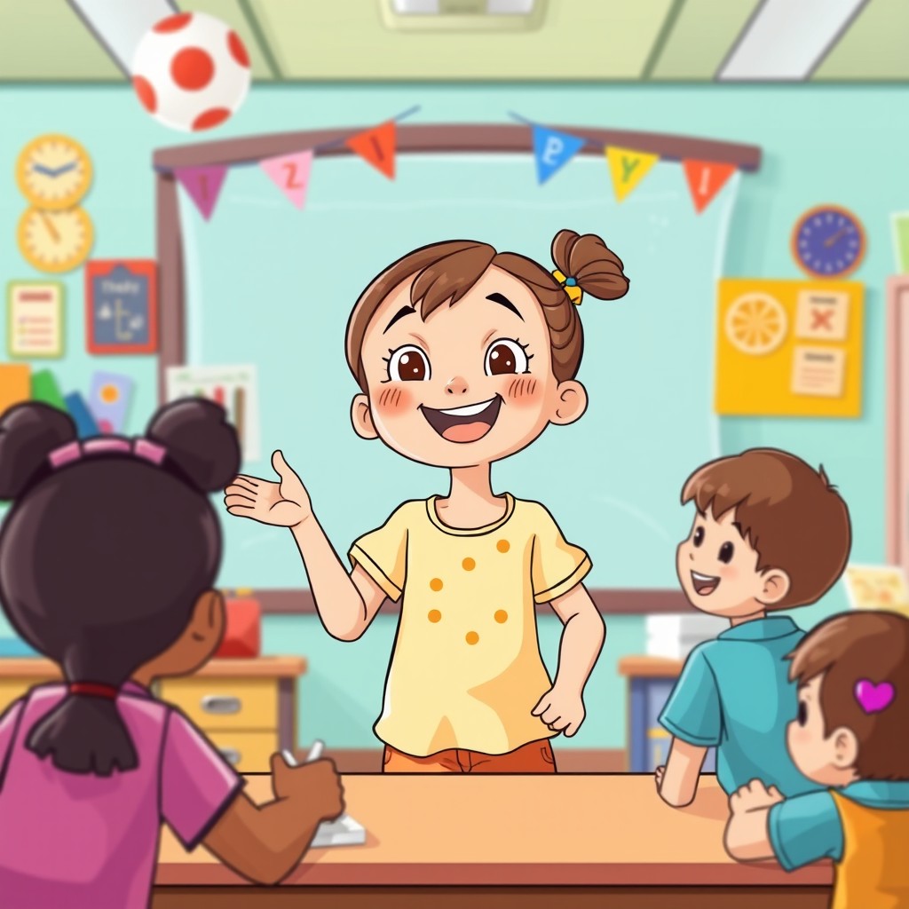A cheerful girl in a cartoon style, happily giving a presentation in a school setting or playing with friends during recess