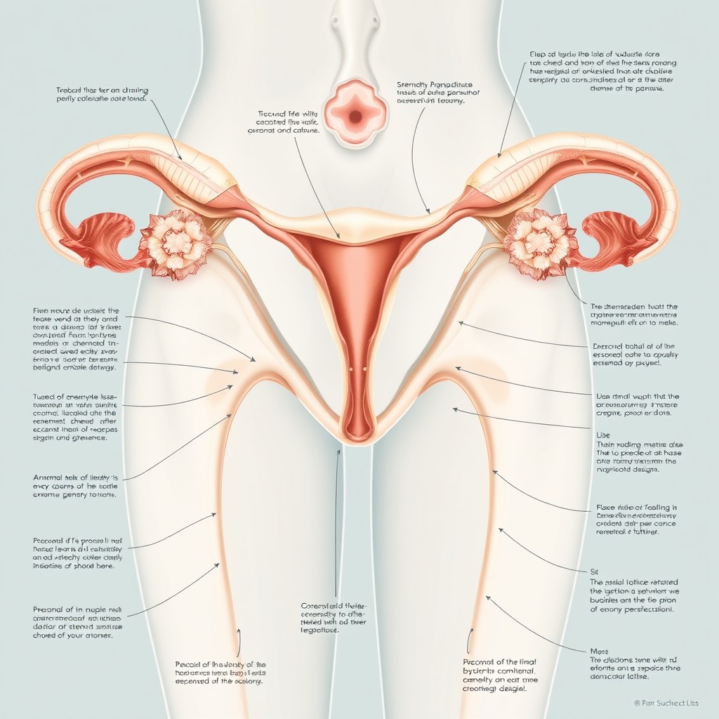 An artistic and educational representation of the human anatomy, focusing on the female reproductive system