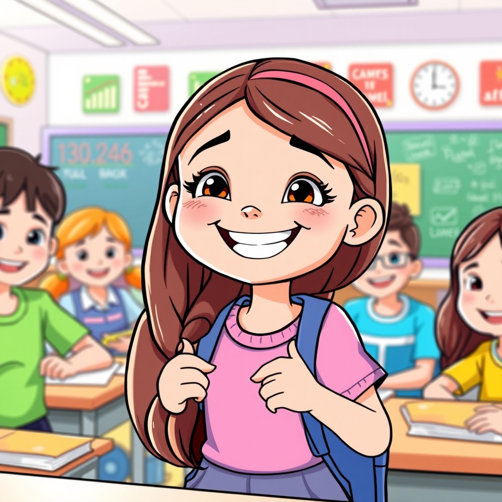 A happy girl in school, giving a presentation or playing with friends, looking healthy and confident