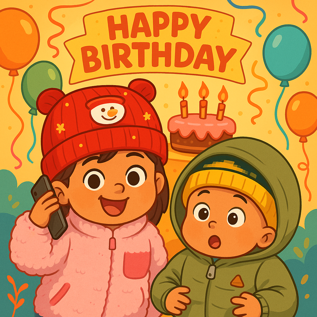 Haz una caricatura de esa imagen con un diseño para una invitación de fiesta de cumpleaños