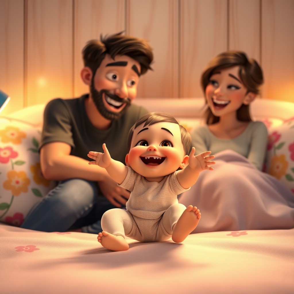 A vibrant and animated Disney Pixar style scene featuring a cozy family moment in a bedroom