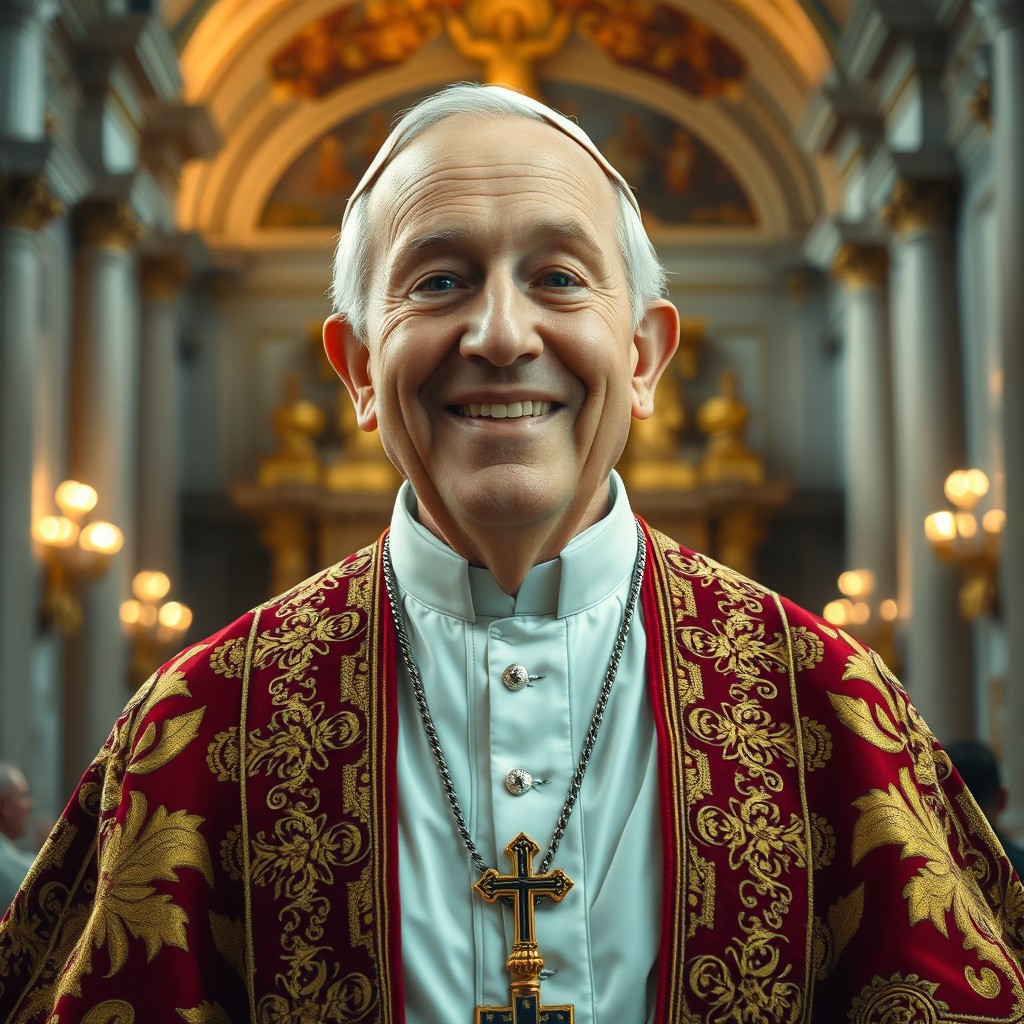 A humorous portrayal of a modern figure's face seamlessly blended onto the body of the Pope, dressed in traditional papal attire