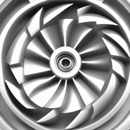 Detailed, realistic image of an impeller or 'Roue à Aubes' of a centrifugal compressor, showing the complex geometry of the blade design made from shining, sturdy metal.