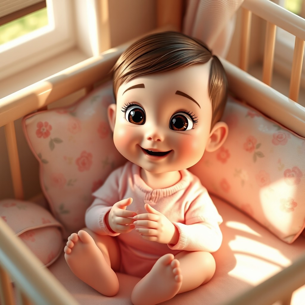 A 3D Pixar-style realistic scene of a baby girl named Amanda in a cozy crib, surrounded by soft floral-patterned pillows