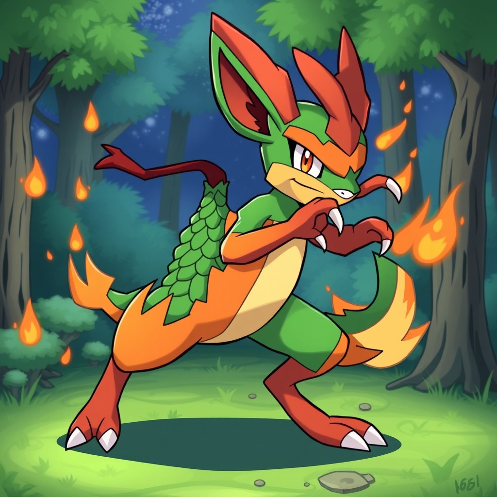 A unique Pokémon fusion featuring elements of Treecko, Chimchar, and Sneasel