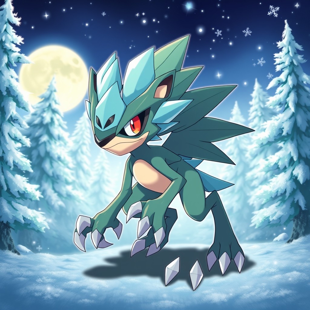 A striking Pokémon fusion combining elements of Treecko and Weavile