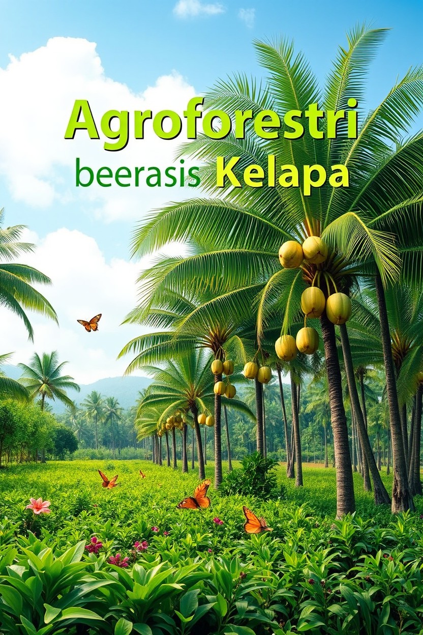 A captivating book cover design for the title 'Agroforestri berbasis Kelapa', featuring a lush green landscape with a variety of coconut trees integrated into a vibrant agroforestry system