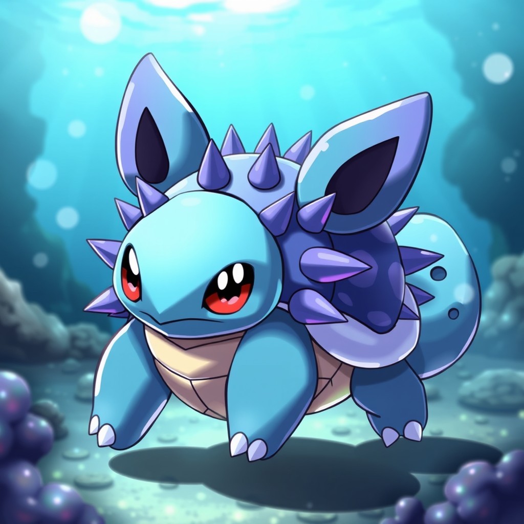 A unique Pokémon fusion design inspired by Wartortle and Cloyster, featuring a turtle-like body similar to Wartortle, complete with its characteristic cute ears and blue shell