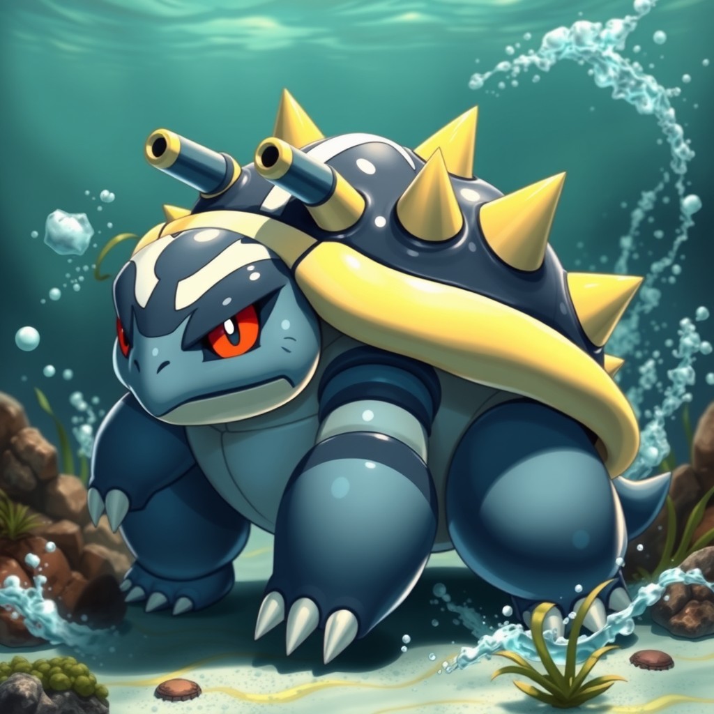 An intricate Pokémon evolution fusion between Cloyster and Blastoise, showcasing a powerful, advanced creature