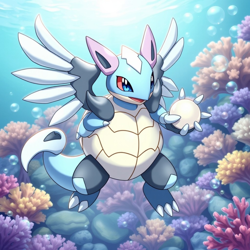 A unique hybrid Pokémon that blends the features of Wartortle, Empoleon, and Cloyster