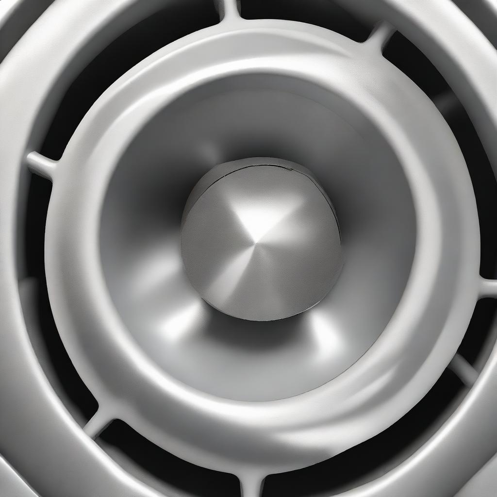 Detailed, realistic image of an impeller or 'Roue à Aubes' of a centrifugal compressor, showing the complex geometry of the blade design made from shining, sturdy metal.