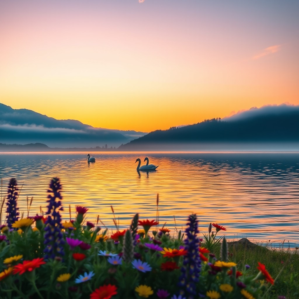 A serene landscape at sunrise featuring a tranquil lake surrounded by misty mountains