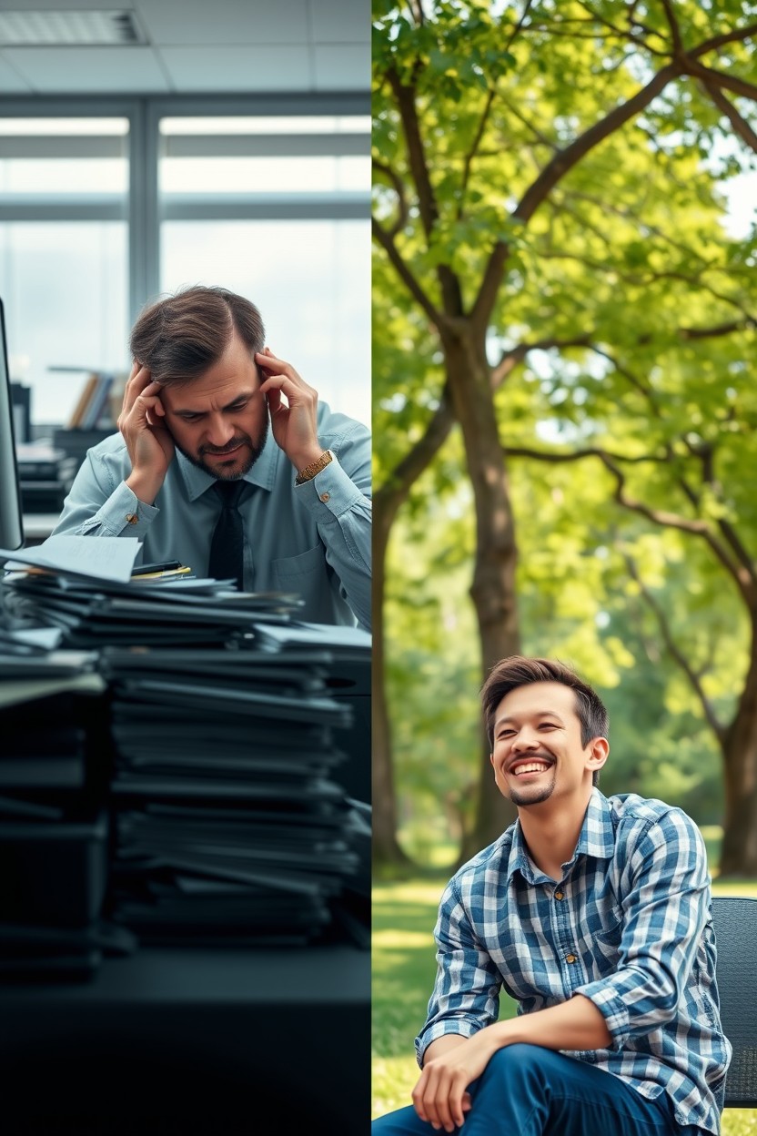 A two-part scene depicting the transformation of a man from stress to happiness and peace