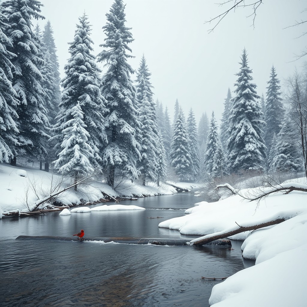 A serene winter landscape showcasing a quiet snowy forest with tall evergreen trees blanketed in fresh snow