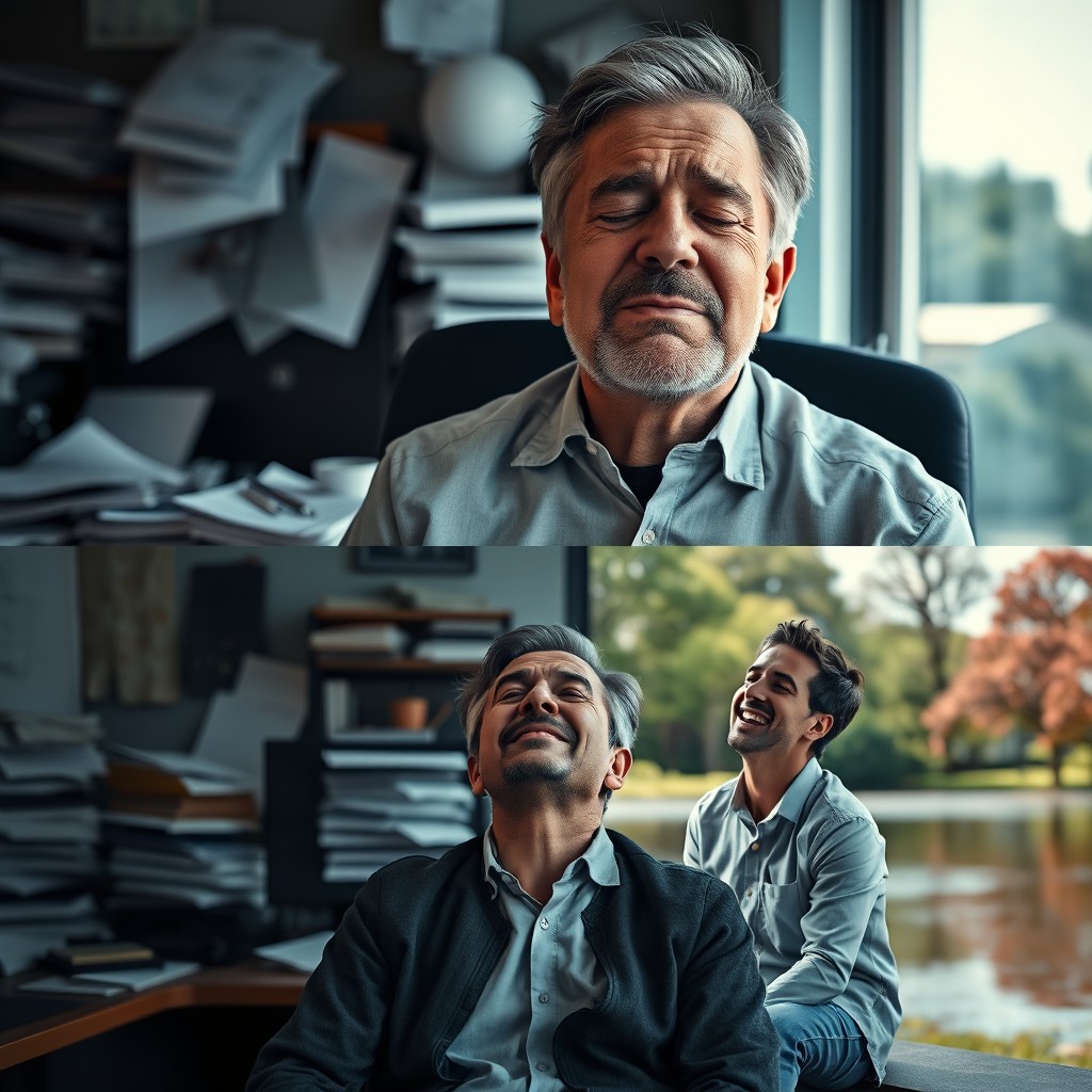 A series of images showing a man experiencing a transformation from stress to happiness