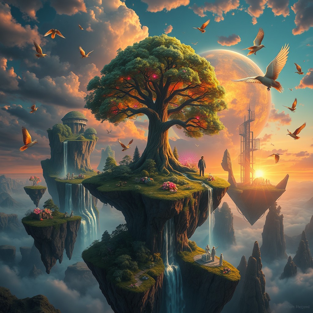 A fantastical landscape inspired by surrealism, featuring floating islands with lush vegetation and waterfalls cascading into vibrant skies, a large tree with glowing, colored leaves at the center, impossible geometric structures around, and birds with radiant feathers flying around, all under a soft, dreamlike light