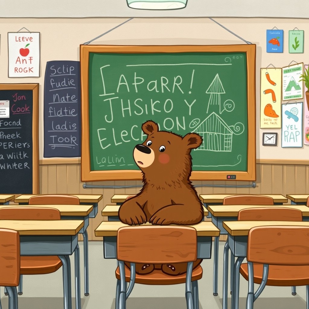 A brown bear sitting in a classroom attentively listening to a lesson