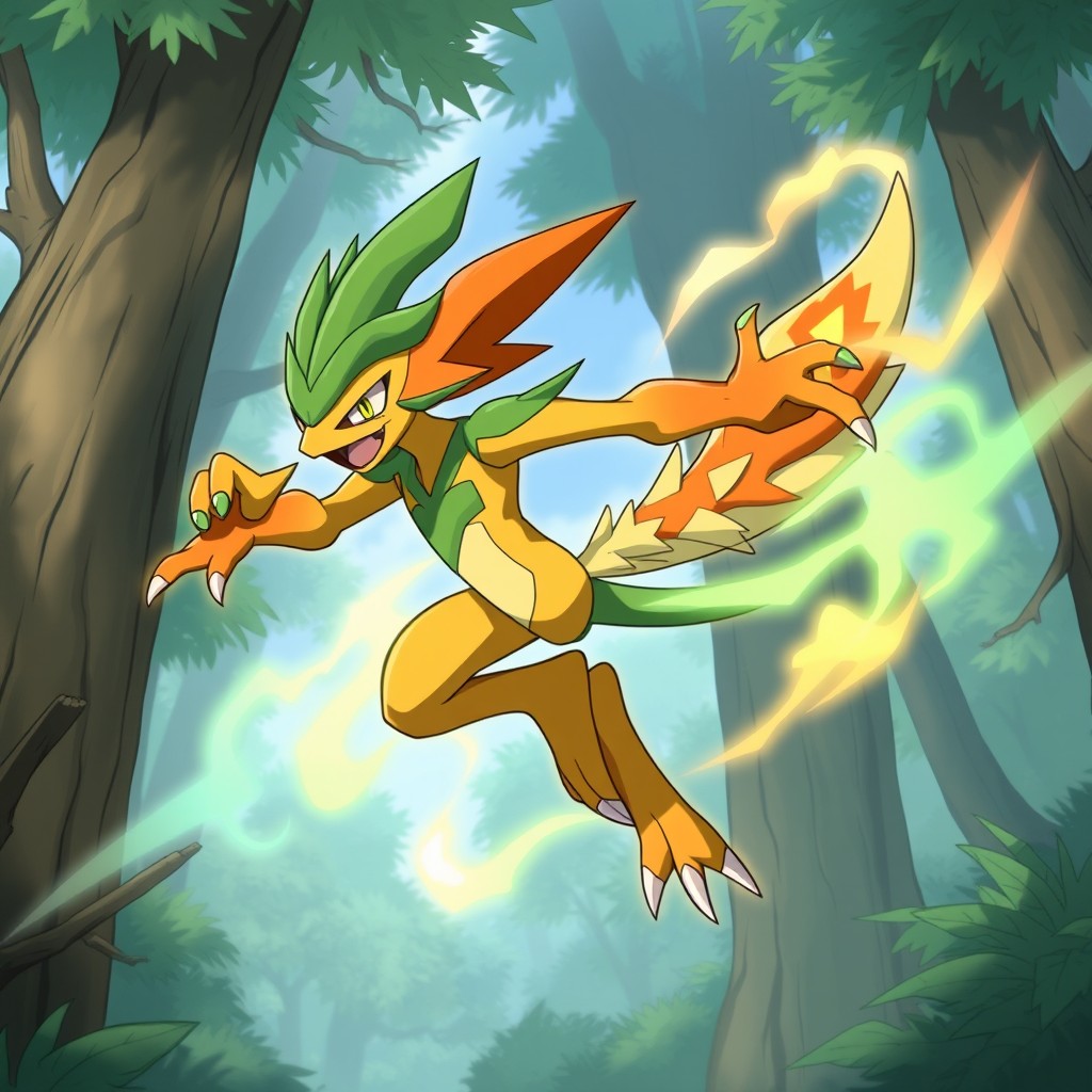 A hybrid Pokémon that combines the fiery agility of Infernape with the leafy elegance of Sceptile, embodying both Fighting and Grass types