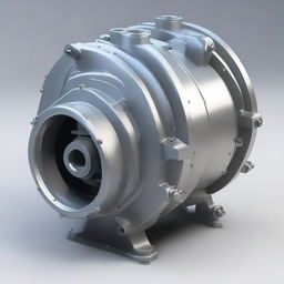 A realistic image of the housing or 'Carter de Compresseur' of a centrifugal compressor, depicted in finely-crafted metal with visible nuts, bolts, and other elements.