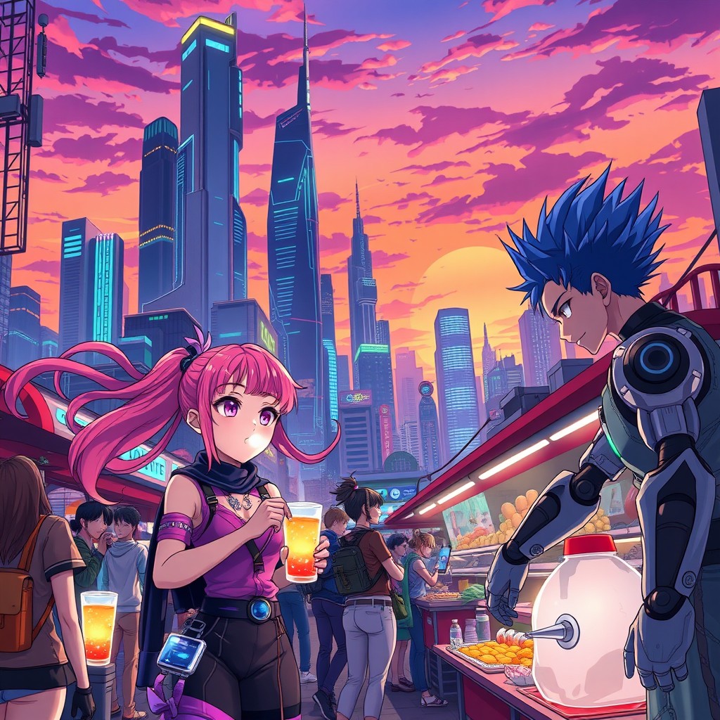 A vibrant and colorful anime scene depicting a futuristic city skyline at sunset, with towering skyscrapers and neon lights glowing