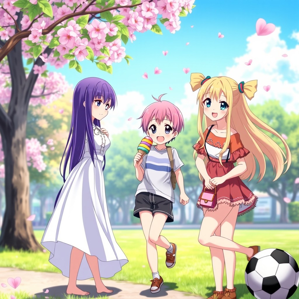 A vibrant anime scene featuring three beautiful anime girls in a lively park setting