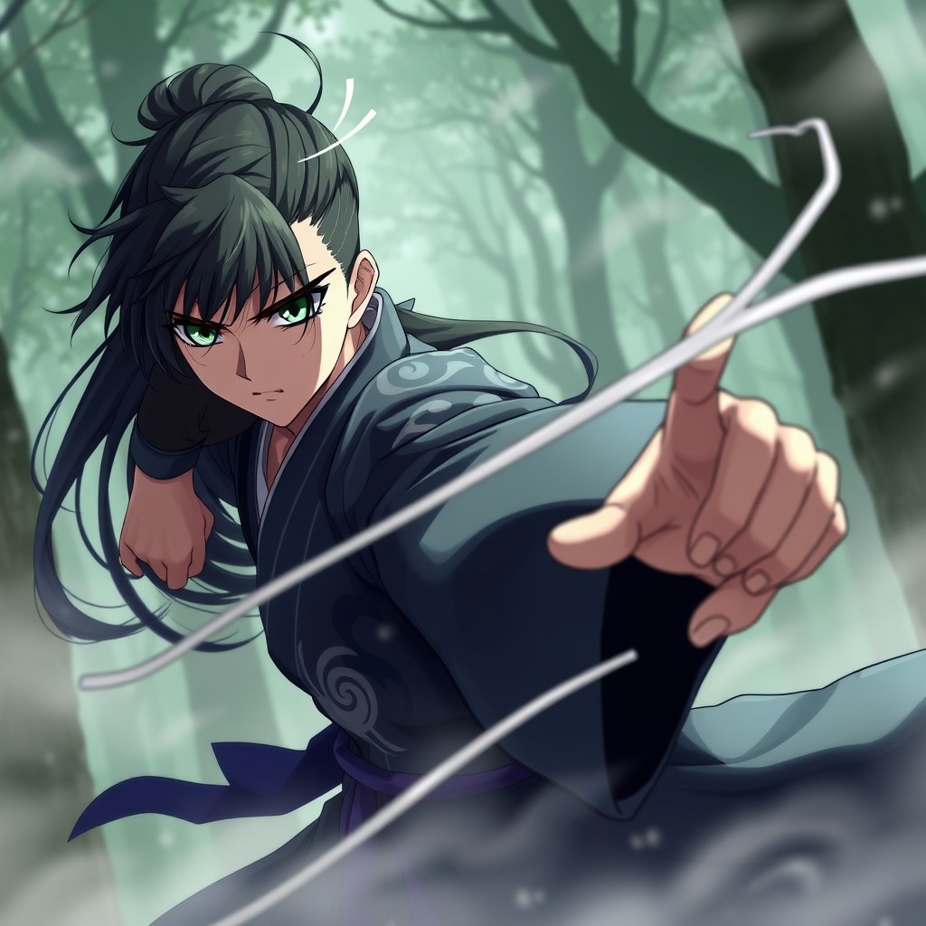 A stunning portrayal of Tokito Muichiro, the Mist Hashira from Kimetsu no Yaiba (Demon Slayer), in a dramatic fighting stance