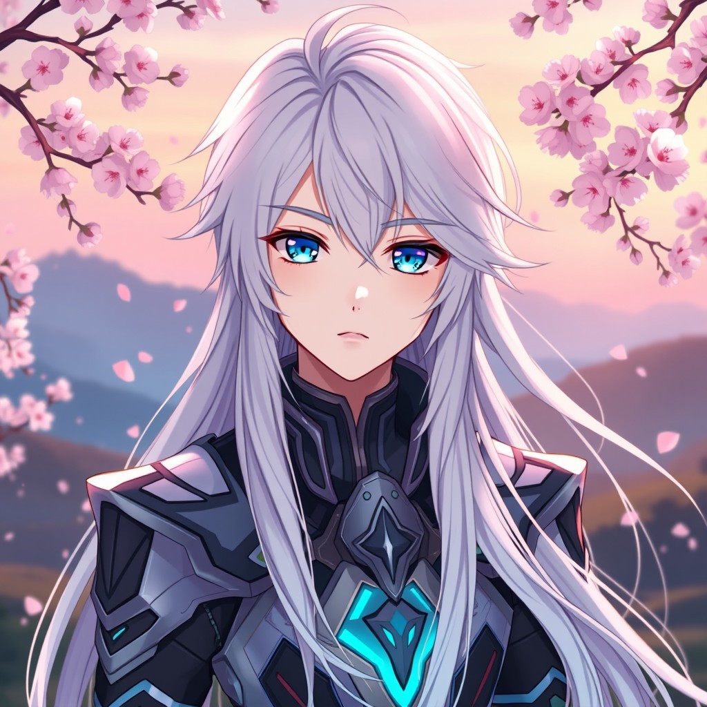 A striking anime boy with long, flowing white hair that cascades down his back