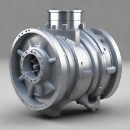 A realistic image of the housing or 'Carter de Compresseur' of a centrifugal compressor, depicted in finely-crafted metal with visible nuts, bolts, and other elements.