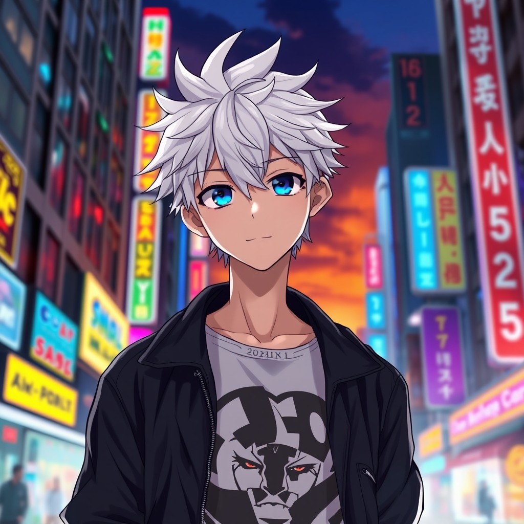 A stunning anime boy with striking white hair, standing confidently in a vibrant cityscape at sunset