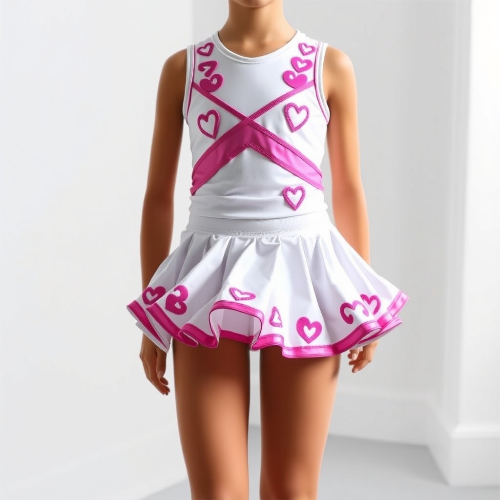 A cheerleader outfit featuring a completely white skirt and top, embellished with pink designs