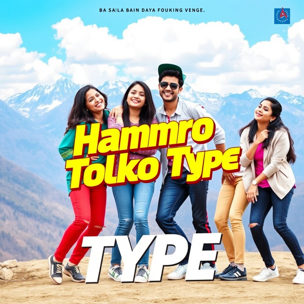 A vibrant and colorful cover photo for the song 'Hamro Tolko Type', featuring a group of confident young Nepali friends posing joyfully in a scenic outdoor setting