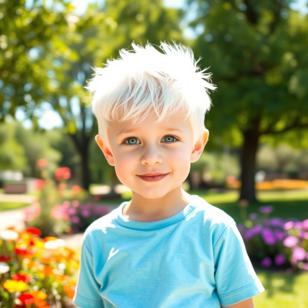 A striking portrait of a young boy with striking white hair, glowing in sunlight