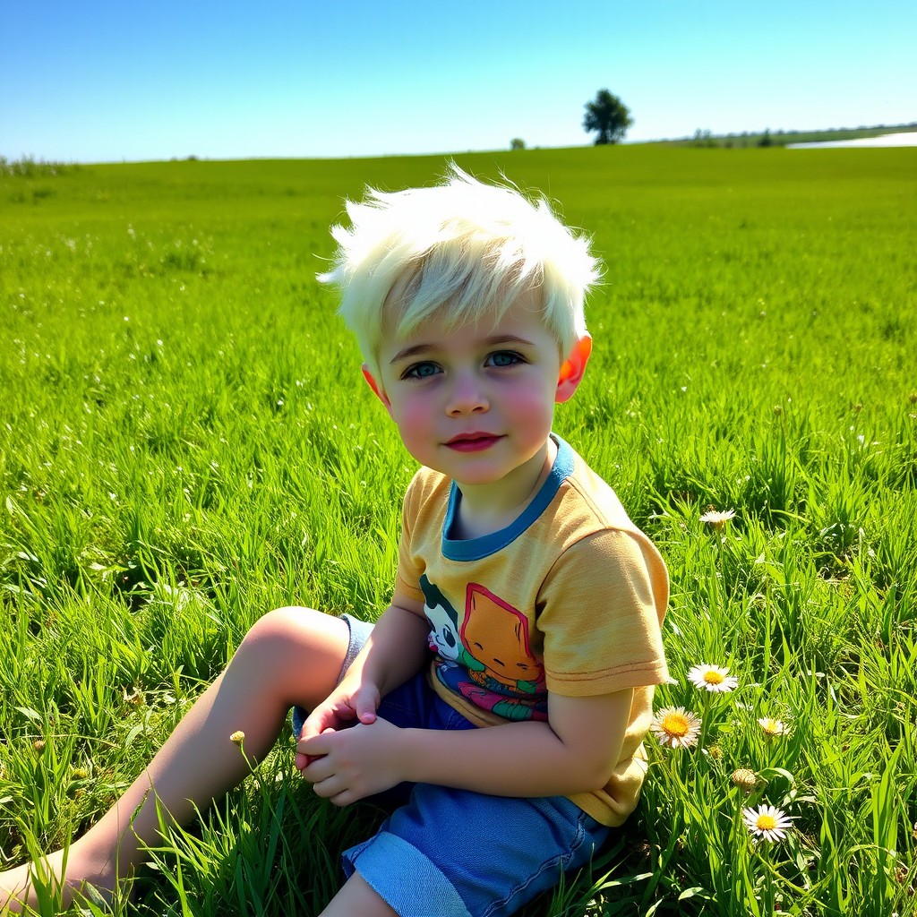 A young boy with striking white hair, sitting in a lush green meadow under a clear blue sky