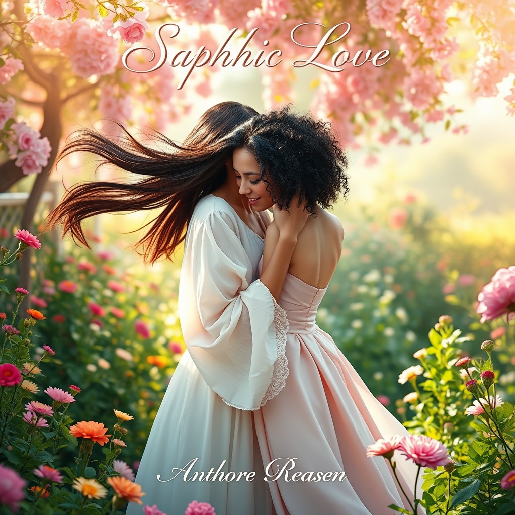 A captivating and romantic cover for a sapphic book, featuring two women embracing tenderly in a lush garden filled with vibrant flowers and soft greenery
