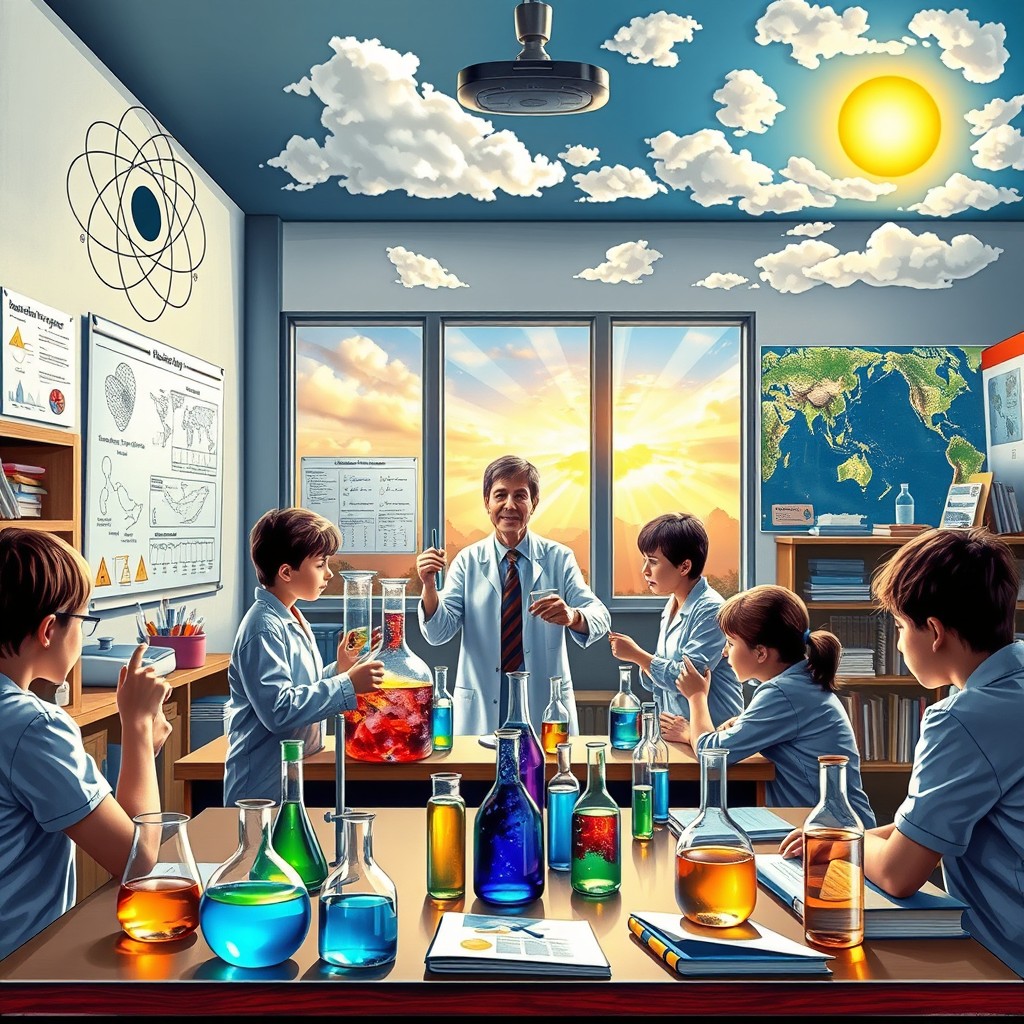 A vibrant and detailed depiction of a science classroom blending chemistry, nuclear physics, and meteorology