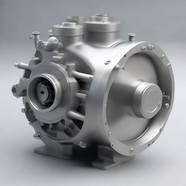 A realistic image of the housing or 'Carter de Compresseur' of a centrifugal compressor, depicted in finely-crafted metal with visible nuts, bolts, and other elements.