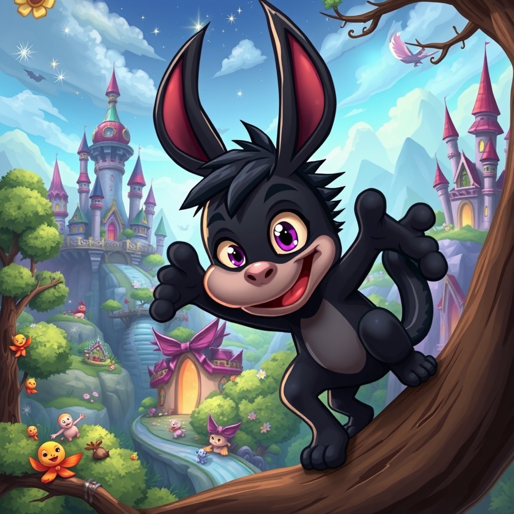 A whimsical cartoon-style depiction of a fantastical creature called 'BLACKonkey', blending features of a black donkey and a monkey, set in a vibrant world inspired by warcraft