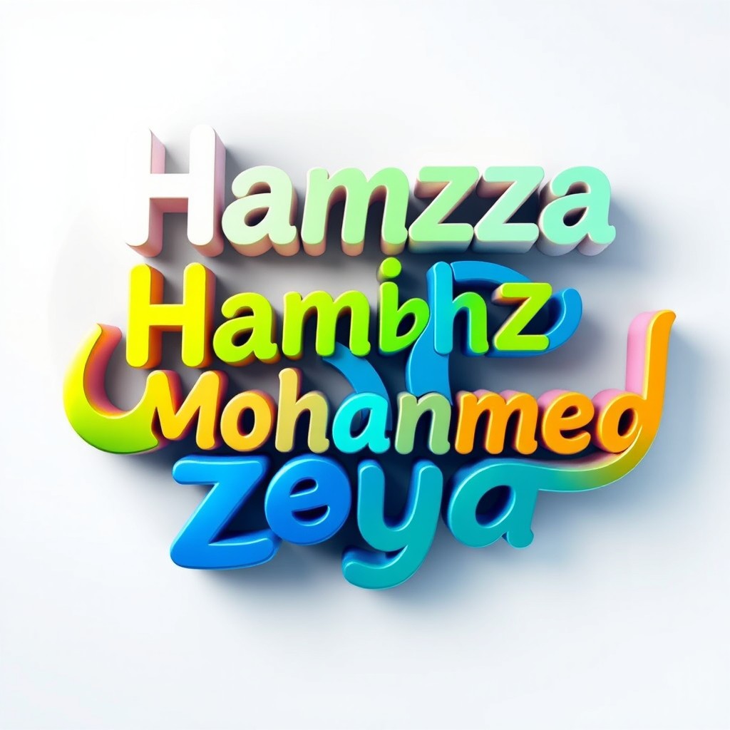 A colorful and artistic representation of the names 'Hamza', 'Hamza', 'Ibrahim', 'Ibrahim', 'Mohammed', 'Mohannad', 'Zeyad', creatively styled in an abstract manner