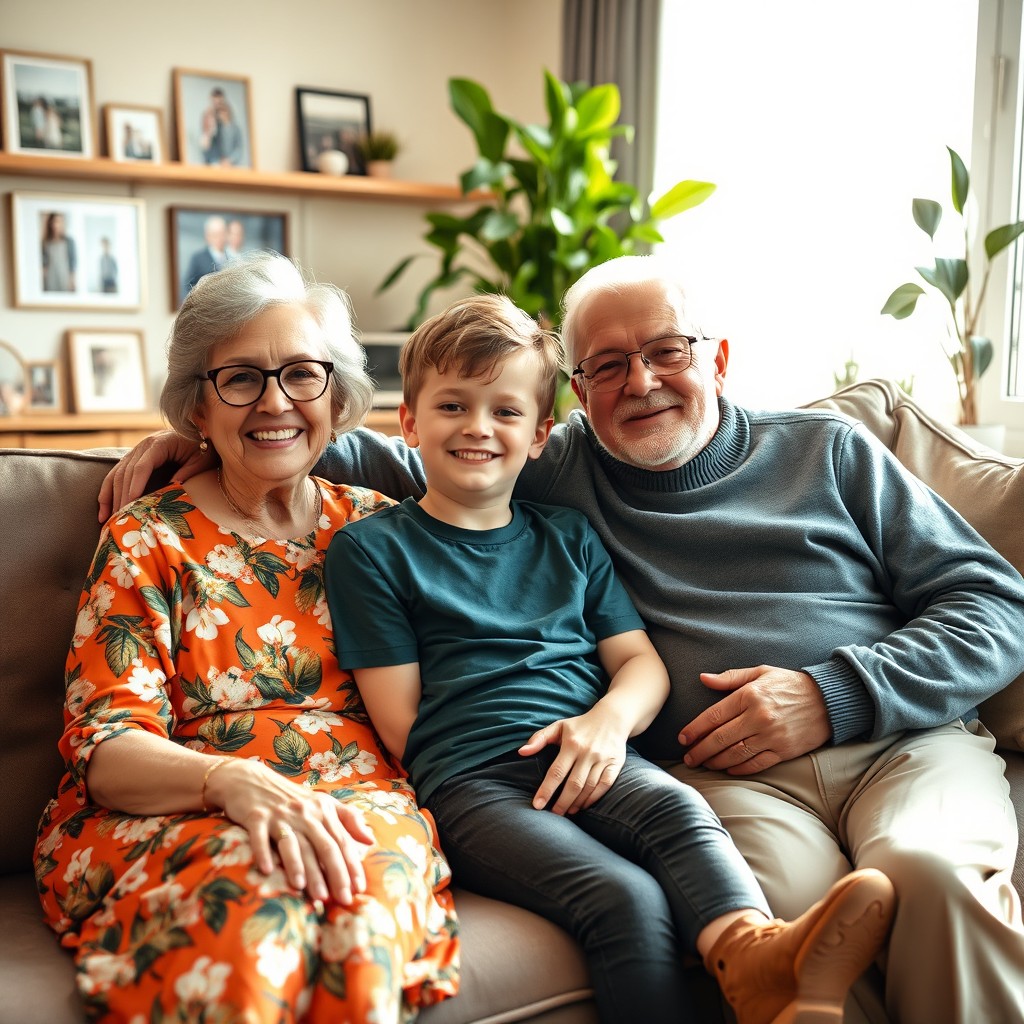 A teenage boy sitting comfortably on a cozy couch, with his loving grandparents beside him