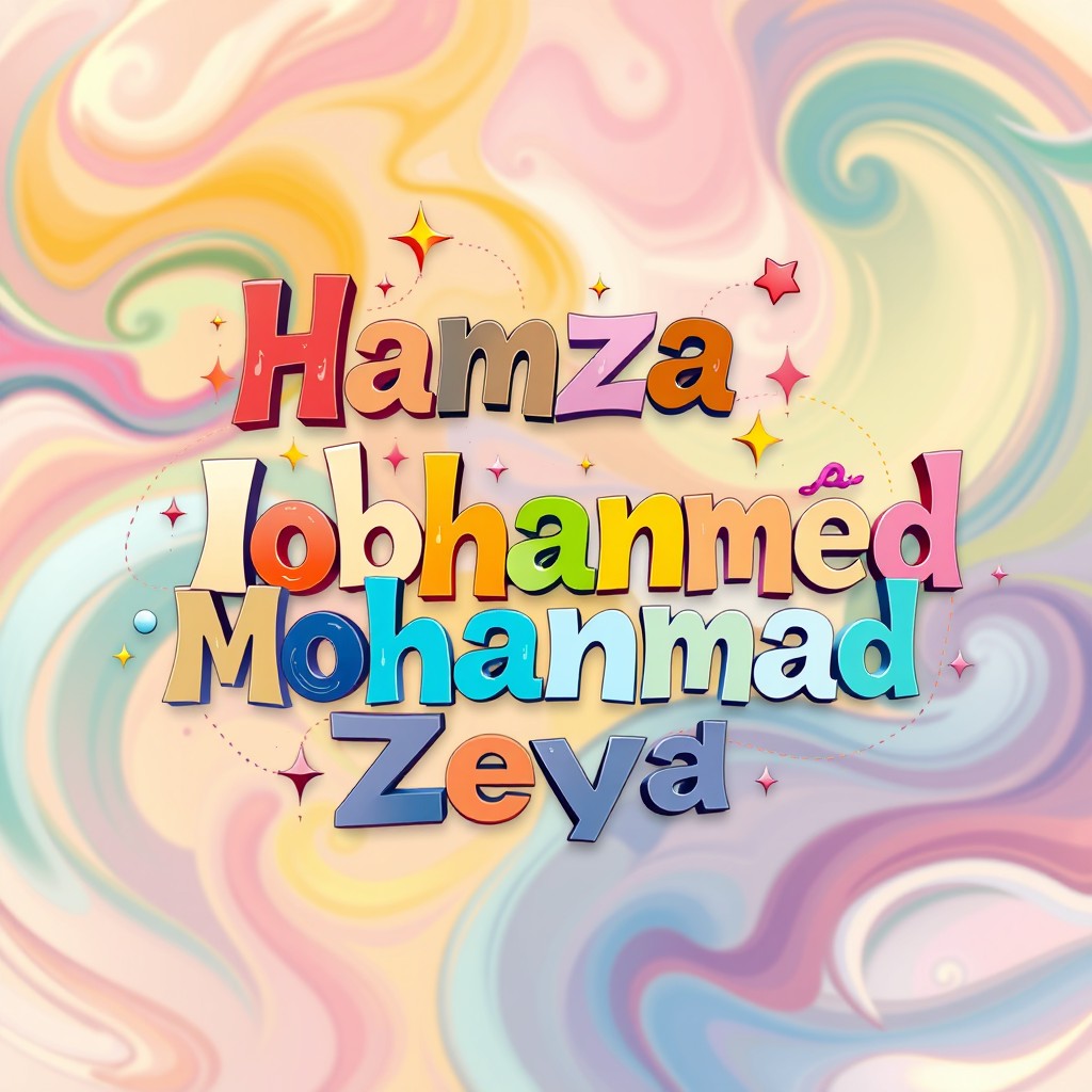 A vibrant and colorful abstract artwork featuring the names 'Hamza', 'Ibrahim', 'Mohammed', 'Mohannad', and 'Zeyad' intricately designed in bold, dynamic typography