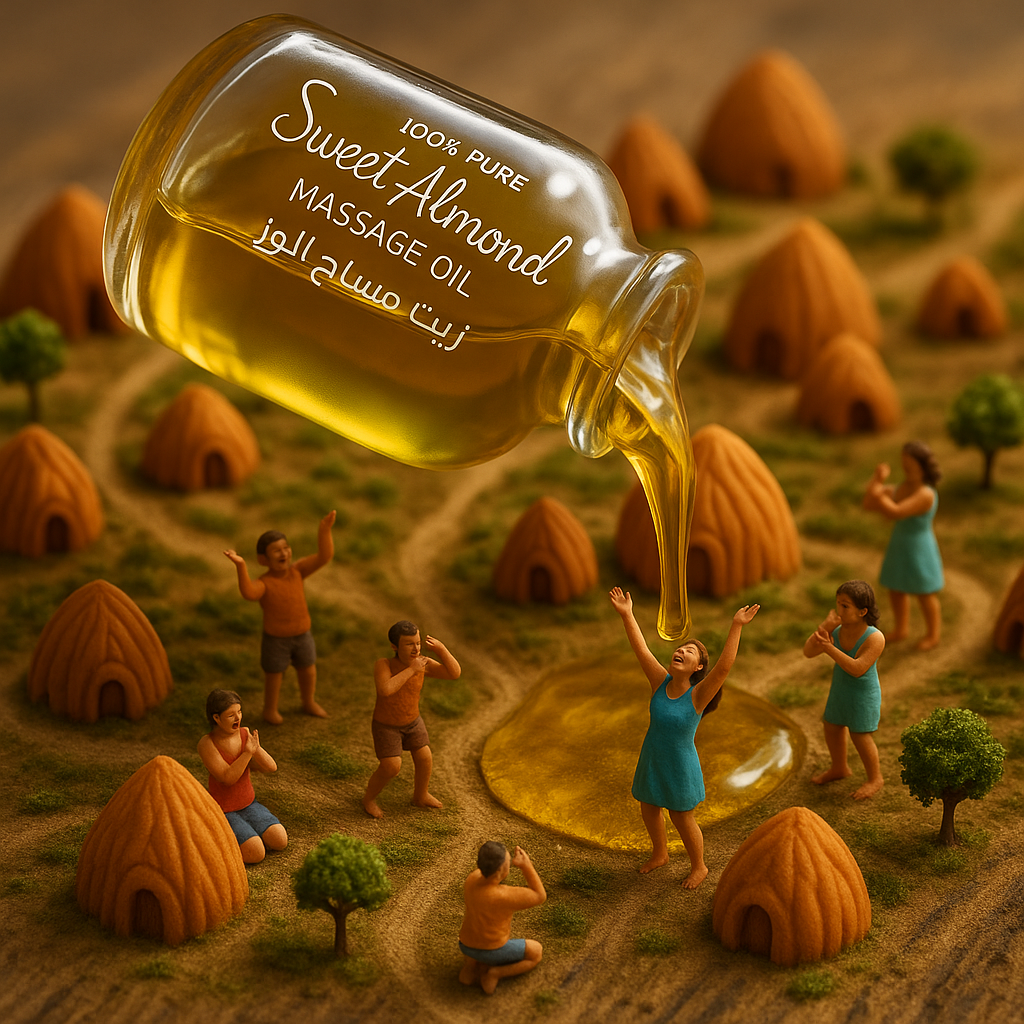Make it miniature town and make the massage oil spill on it self from the top in a gentle way and the figures take from it and rub their skin