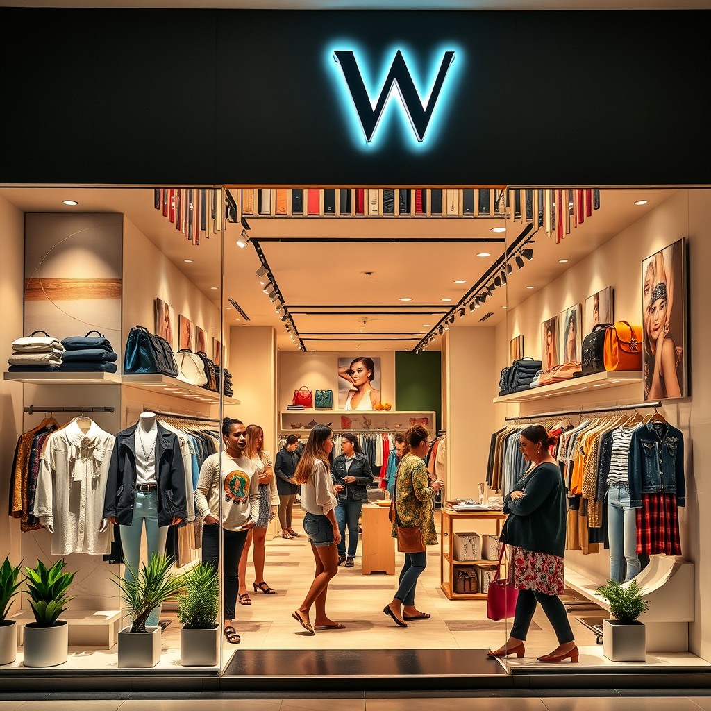 A vibrant and inviting photo of a stylish clothing shop named 'W', showcasing an array of trendy apparel displayed on elegant racks
