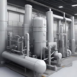 A realistic image of a centrifugal compressor located within a bustling petrochemical industry. Include pipes, tanks, and various industrial equipment in the environment