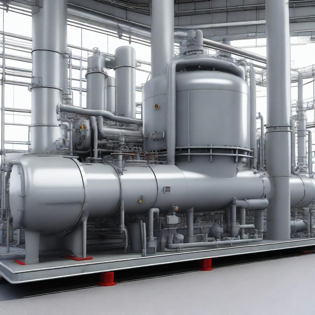 A realistic image of a centrifugal compressor located within a bustling petrochemical industry. Include pipes, tanks, and various industrial equipment in the environment