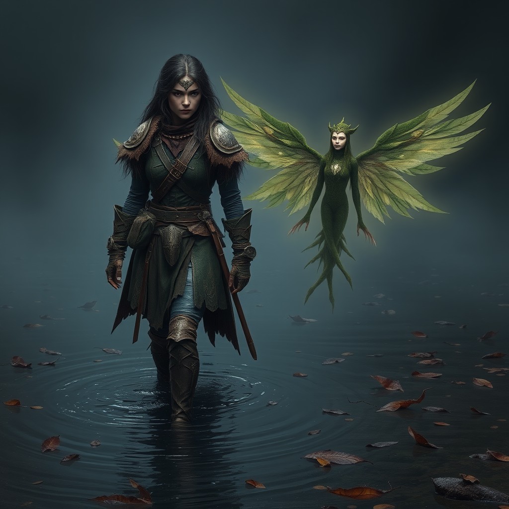 A full body shot of a female human Krsnik in the Gloaming Mire, wading through shallow dark water or standing on damp earth