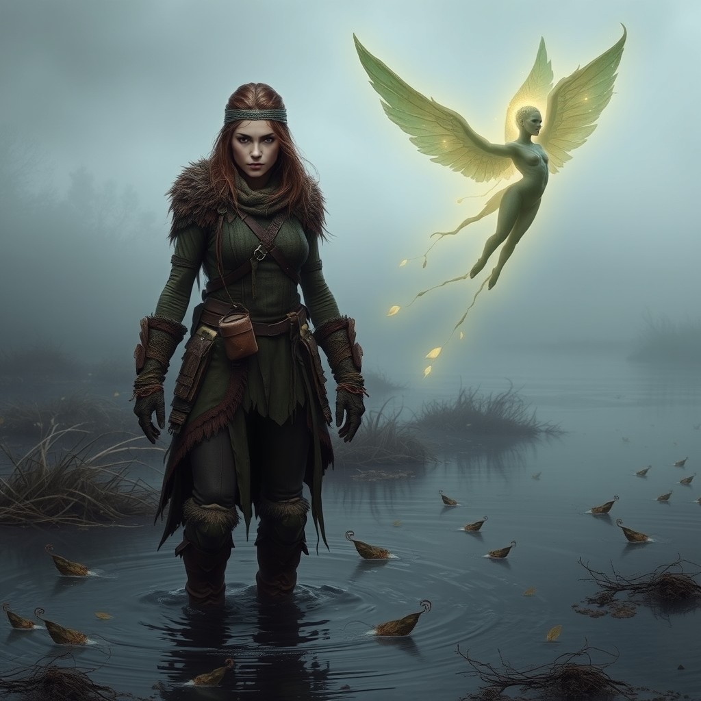 A full body shot of a female human Krsnik in the Gloaming Mire, wading through shallow dark water or standing on damp earth