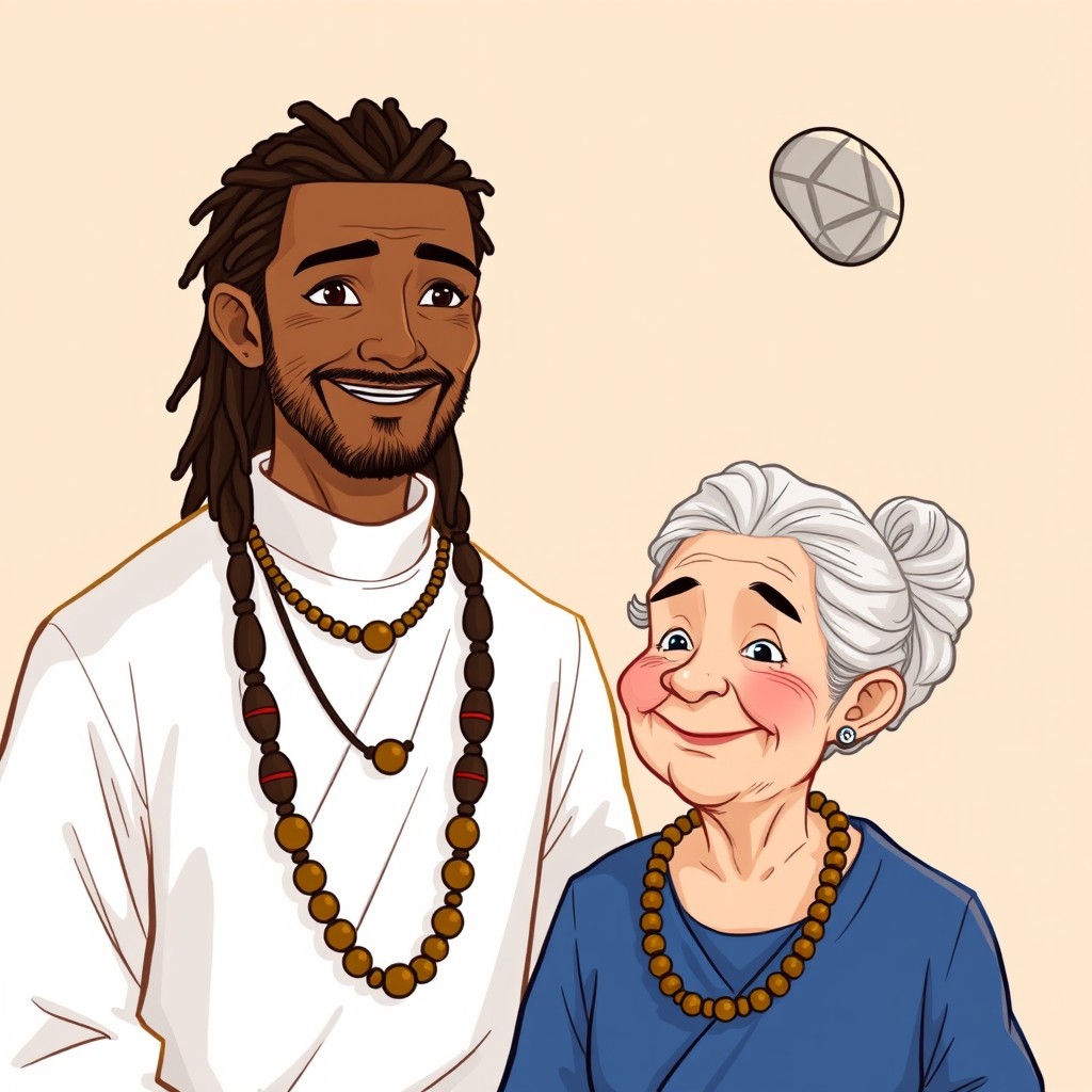 An illustration of a man with dreadlocks, dressed in white attire and wearing wooden necklaces, standing next to a petite elderly lady with gray hair styled up in a bun, wearing a blue outfit
