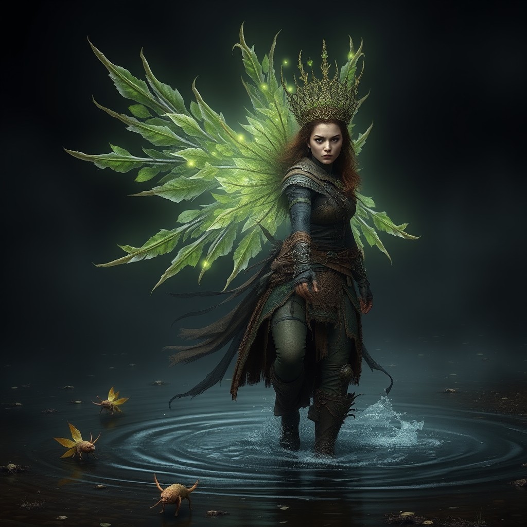 A full body shot of a female human Krsnik in the Gloaming Mire, wading through shallow dark water or standing on damp earth